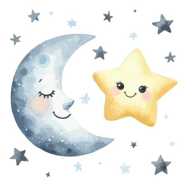 Muurstickers 130x225 Maan en ster in een nachtelijke aquarelstijl