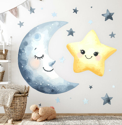 Muurstickers 130x225 Maan en ster in een nachtelijke aquarelstijl