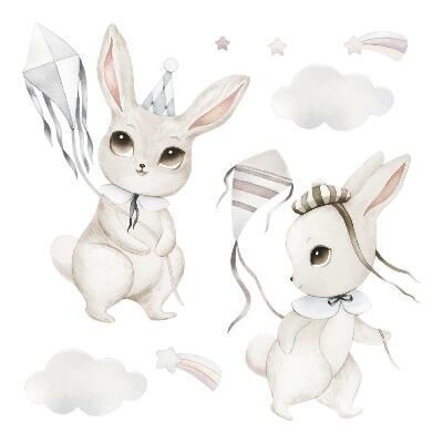 Muurstickers 130x186 Konijntjes met vliegers in pastel boho-stijl