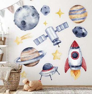 Muurstickers 130x190 Pastelkleurige ruimte met planeten en een raket
