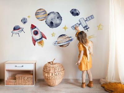 Muurstickers 130x190 Pastelkleurige ruimte met planeten en een raket