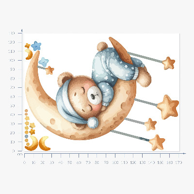Muurstickers 130x171 Slapende teddybeer op de maan in pastelkleurige ruimte