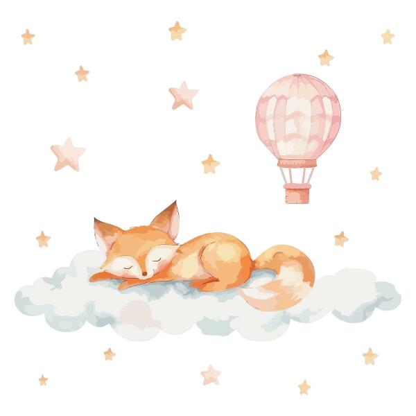 Muurstickers 130x203 Pastelvos in een wolk met sterren en een ballon