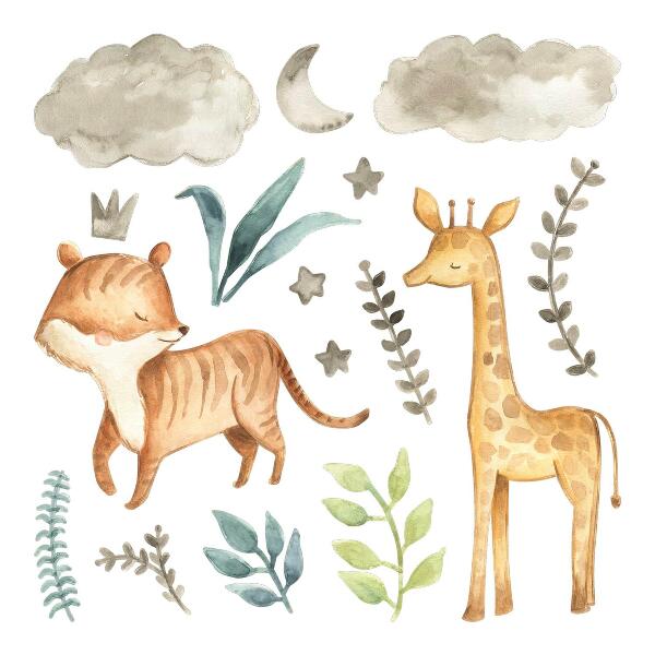 Muurstickers 130x215 Planten en safari in pasteltinten