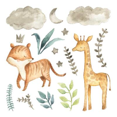 Muurstickers 130x215 Planten en safari in pasteltinten