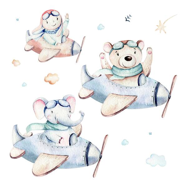 Muurstickers 130x200 Teddybeer, olifant en jongen in pastelkleurige vliegtuigjes
