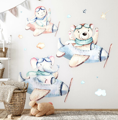 Muurstickers 130x200 Teddybeer, olifant en jongen in pastelkleurige vliegtuigjes