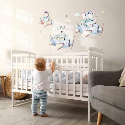 Muurstickers 130x200 Teddybeer, olifant en jongen in pastelkleurige vliegtuigjes
