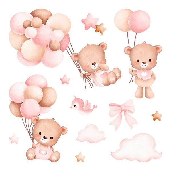 Muurstickers 130x200 Schattige teddyberen met ballonnen in pastelwaterverf