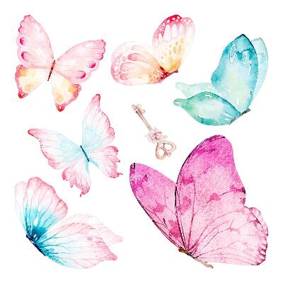 Muurstickers 130x209 Sleutel met pastelkleurige vlinders in aquarelstijl