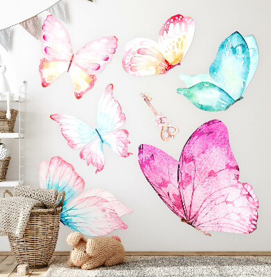 Muurstickers 130x209 Sleutel met pastelkleurige vlinders in aquarelstijl