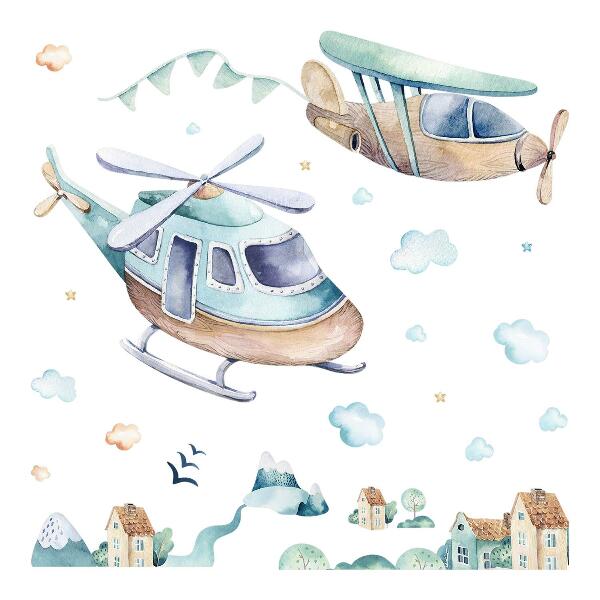 Muurstickers 130x188 Een helikopter en een vliegtuig in een pastelkleurig stadje