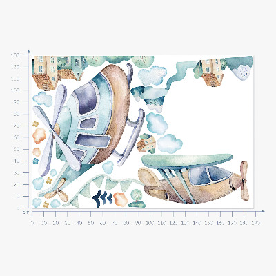Muurstickers 130x188 Een helikopter en een vliegtuig in een pastelkleurig stadje