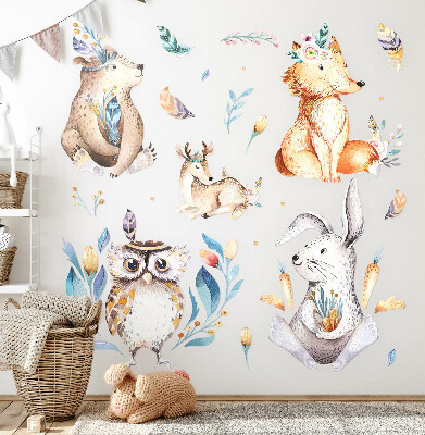 Muurstickers 130x156 Bosdieren in pastelkleuren in boho-stijl