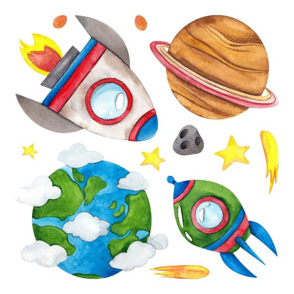 Muurstickers 130x220 Ruimtewaterverf met raketten en sterren