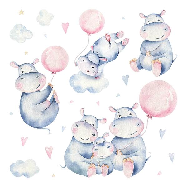Muurstickers 130x220 Nijlpaardfamilie met ballonnen en pastelkleurige wolken