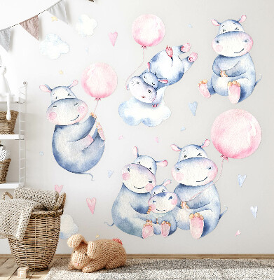 Muurstickers 130x220 Nijlpaardfamilie met ballonnen en pastelkleurige wolken