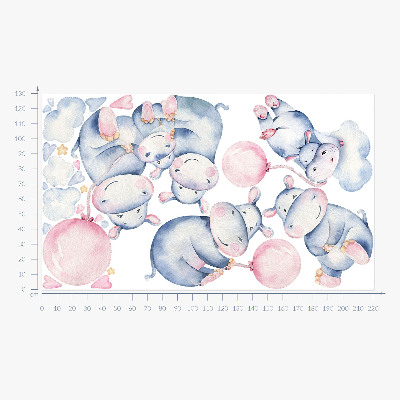 Muurstickers 130x220 Nijlpaardfamilie met ballonnen en pastelkleurige wolken