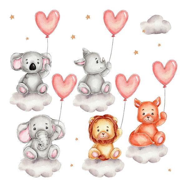 Muurstickers 130x195 Schattige dieren op wolken met pastelkleurige ballonnen