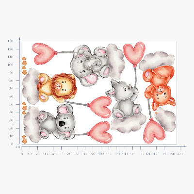Muurstickers 130x195 Schattige dieren op wolken met pastelkleurige ballonnen