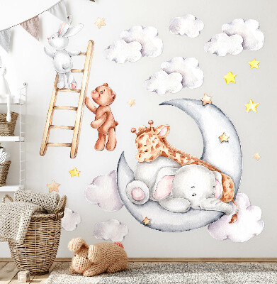 Muurstickers 130x177 Pastelkleurige dieren in de wolken en sterren