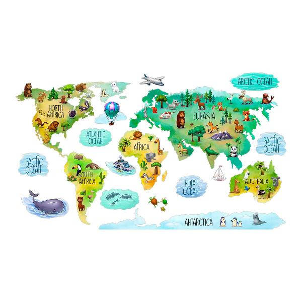 Muurstickers 130x203 Kleurrijke wereldkaart met continenten en natuur