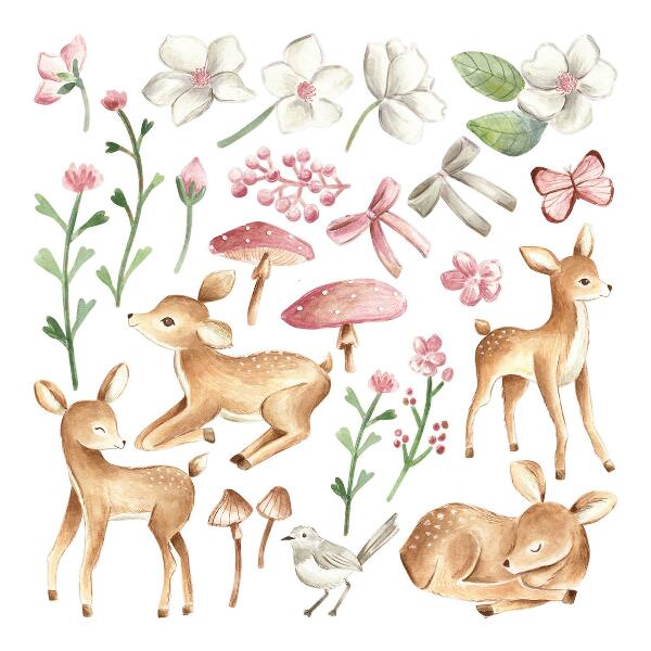 Muurstickers 130x192 Bosdieren in pastelwaterverf met herten