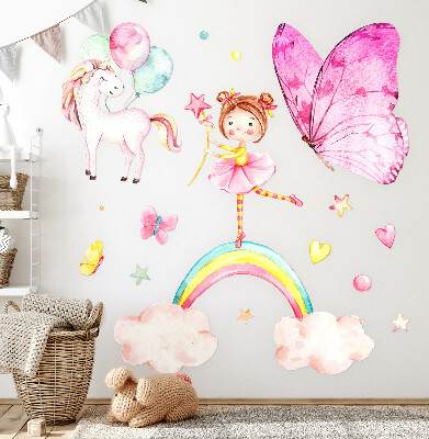 Muurstickers 130x170 Pastelkleurige eenhoorn met ballonnen op een regenboog