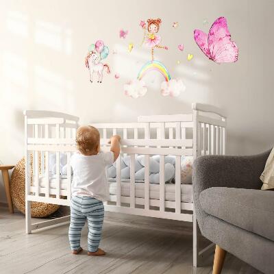 Muurstickers 130x170 Pastelkleurige eenhoorn met ballonnen op een regenboog