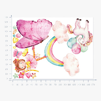 Muurstickers 130x170 Pastelkleurige eenhoorn met ballonnen op een regenboog