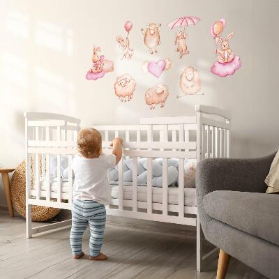 Muurstickers 130x208 Pastelwolken met schapen en konijnen