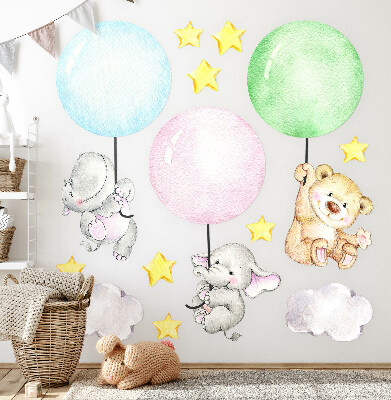 Muurstickers 130x183 Kleine dieren met ballonnen in pastelkleuren