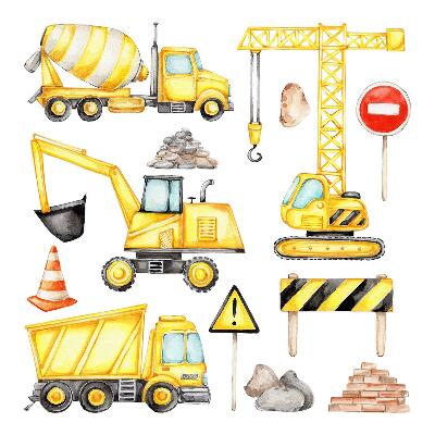Muurstickers 130x176 Bouw - machines en voertuigen in aquarel