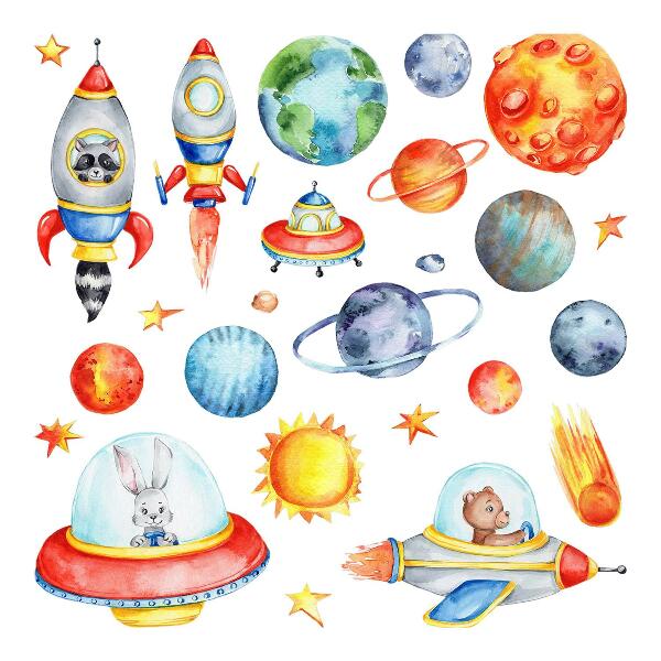 Muurstickers 130x227 Kleurrijke dieren in een aquarelruimte