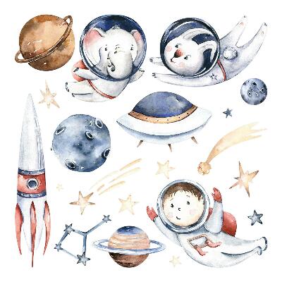 Muurstickers 130x223 Kleine kosmonauten in pastelkleurige ruimte
