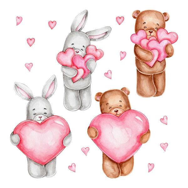 Muurstickers 130x218 Pastel aquarel met kommen en konijnen in harten