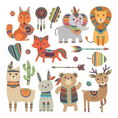 Muurstickers 130x157 Boho dieren pastel illustraties