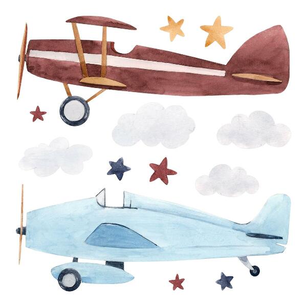 Muurstickers 130x161 Twee vliegtuigen in pastelkleurige aquarelwolken