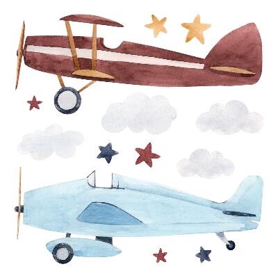 Muurstickers 130x161 Twee vliegtuigen in pastelkleurige aquarelwolken
