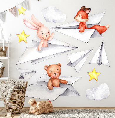 Muurstickers 130x221 Schattige dieren in papieren vliegtuigjes
