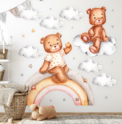 Muurstickers 130x172 Schattige teddyberen op een regenboog in pastelwaterverf