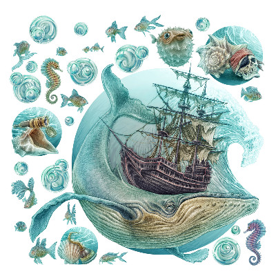 Muurstickers 130x153 Onderwaterkoninkrijk met een tekenfilmschip