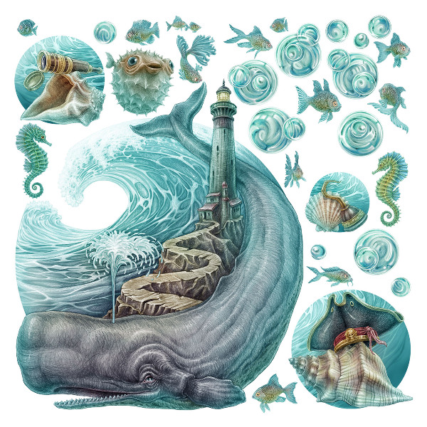 Muurstickers 130x149 Een onderwatersprookje van een vuurtoren in pasteltinten