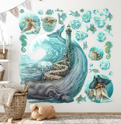 Muurstickers 130x149 Een onderwatersprookje van een vuurtoren in pasteltinten