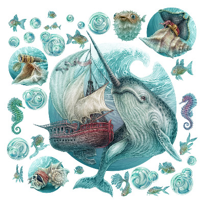 Muurstickers 130x134 Een sprookjesachtige zeewereld met tekenfilmdieren