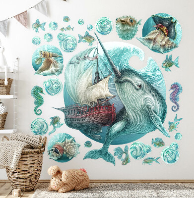 Muurstickers 130x134 Een sprookjesachtige zeewereld met tekenfilmdieren