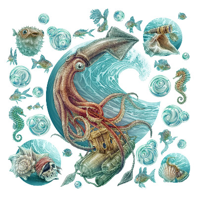 Muurstickers 130x125 Een sprookjeswereld van cartoonzeedieren