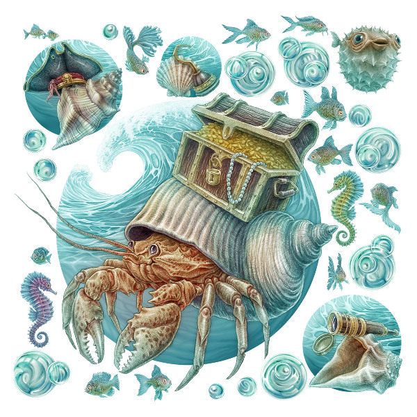 Muurstickers 130x137 Onderwaterland van krabben in pastelstijl