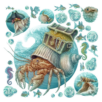 Muurstickers 130x137 Onderwaterland van krabben in pastelstijl