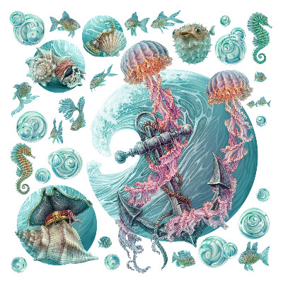 Muurstickers 130x134 Een onderwatersprookje met kwallen in pastelkleuren